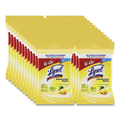 Image of LYSOL® Brand Disinfecting Wipes Flatpacks, 1-Ply, 6.69 x 7.87, Lemon and Lime Blossom, White, 15 Wipes/Flat Pack, 24 Flat Packs/Carton