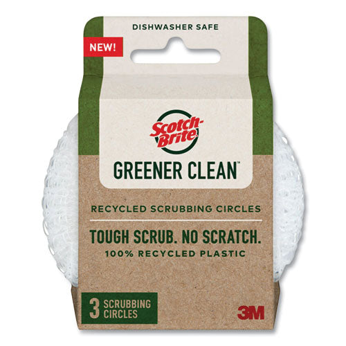Image of Scotch-Brite® Greener Clean Recycled Scrubbing Circle, 3.5" Diameter, 0.7" Thick, White, 3/Pack