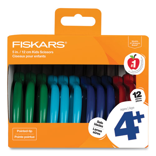 Image of Fiskars® Kids Scissors Classpack, Pointed Tip, 5" Long, 1.75" Cut Length, Straight Assorted Color Handles, 12/Pack