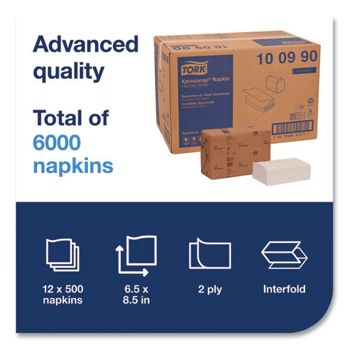 Image of Tork® Xpressnap Interfold Dispenser Napkins, 2-Ply, 6.5 x 8.5, White, 500/Pack, 12 Packs/Carton