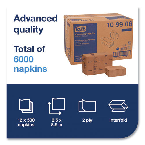 Image of Tork® Xpressnap Interfold Dispenser Napkins, 2-Ply, 6.5 x 8.5, Natural, 500/Pack, 12 Packs/Carton