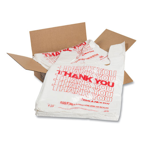 Image of AmerCareRoyal® Thank You Bags, Thank You - Have a Nice Day Labeling, Cut-Out Handles, 11.5" x 6.5" x 20", White/Red, 775/Carton