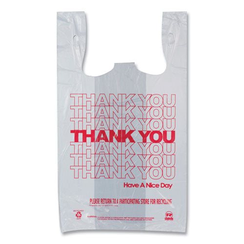 Image of AmerCareRoyal® Thank You Bags, Thank You - Have a Nice Day Labeling, Cut-Out Handles, 11.5" x 6.5" x 20", White/Red, 775/Carton