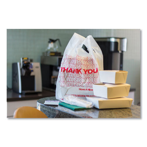Image of AmerCareRoyal® Thank You Bags, Thank You - Have a Nice Day Labeling, Cut-Out Handles, 13" x 8" x 23", White/Red, 1,000/Carton
