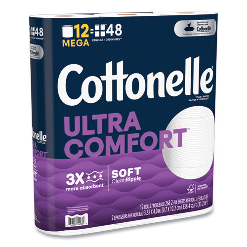Image of Cottonelle® Ultra ComfortCare Toilet Paper, Soft Tissue, Mega Rolls, Septic Safe, 2 Ply, White, 284 Sheets/Roll, 12 Rolls/Pack