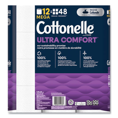 Image of Cottonelle® Ultra ComfortCare Toilet Paper, Soft Tissue, Mega Rolls, Septic Safe, 2 Ply, White, 284 Sheets/Roll, 12 Rolls/Pack