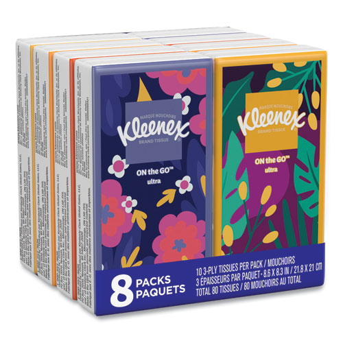 Image of Kleenex® On The Go Packs Facial Tissues, 3-Ply, White, 10 Sheets/pouch, 8 Pouches/pack