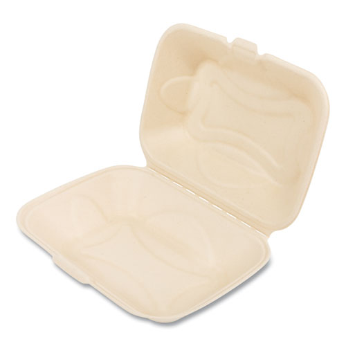 Image of Boardwalk® Bagasse PFAS-Free Food Containers, Hoagie/Hinged Lid, 6 x 3 x 9, Tan, Sugarcane, 250/Carton