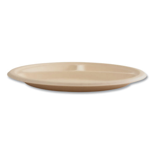 Image of Boardwalk® Bagasse PFAS-Free Dinnerware, 3-Compartment Plate, Sugarcane, 10" dia, Tan, 500/Carton