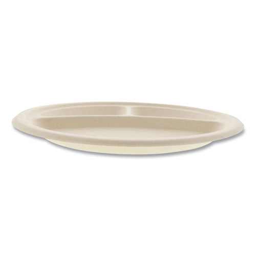 Image of Boardwalk® Bagasse PFAS-Free Dinnerware, 3-Compartment Plate, Sugarcane, 10" dia, Tan, 500/Carton