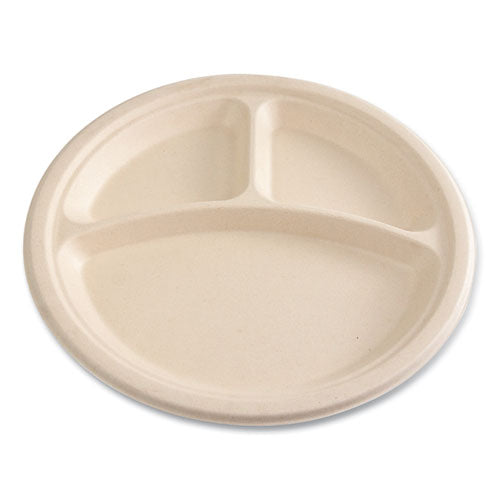 Image of Boardwalk® Bagasse PFAS-Free Dinnerware, 3-Compartment Plate, Sugarcane, 10" dia, Tan, 500/Carton