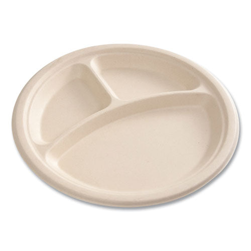 Image of Boardwalk® Bagasse PFAS-Free Dinnerware, 3-Compartment Plate, Sugarcane, 10" dia, Tan, 500/Carton