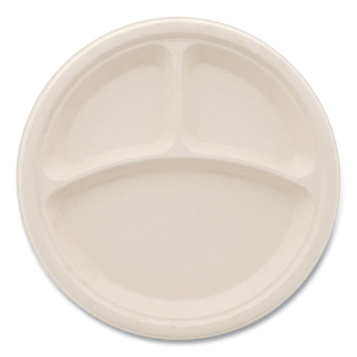 Image of Boardwalk® Bagasse PFAS-Free Dinnerware, 3-Compartment Plate, Sugarcane, 10" dia, Tan, 500/Carton