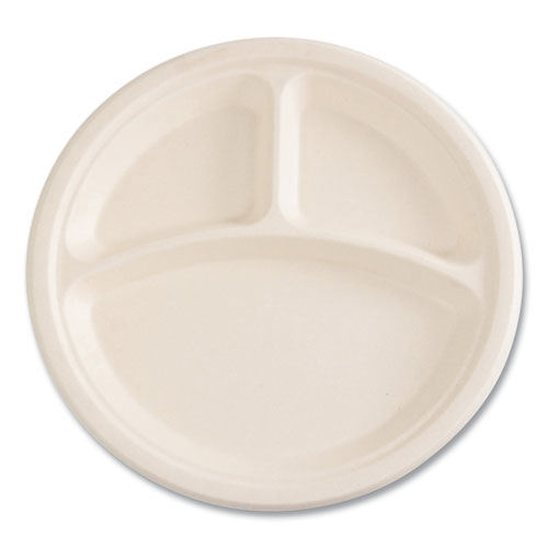 Image of Boardwalk® Bagasse PFAS-Free Dinnerware, 3-Compartment Plate, Sugarcane, 10" dia, Tan, 500/Carton