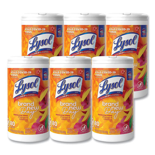 Image of LYSOL® Brand Disinfecting Wipes, 1-Ply, 7 x 7.25, Mango and Hibiscus, White, 80 Wipes/Canister