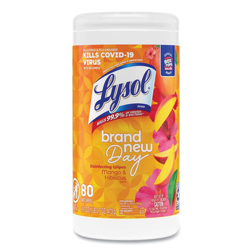 Image of LYSOL® Brand Disinfecting Wipes, 1-Ply, 7 x 7.25, Mango and Hibiscus, White, 80 Wipes/Canister