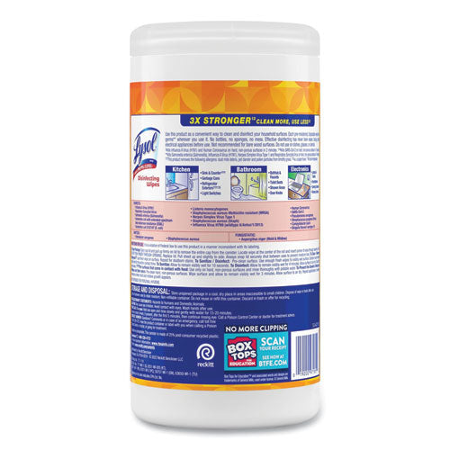 Image of LYSOL® Brand Disinfecting Wipes, 1-Ply, 7 x 7.25, Mango and Hibiscus, White, 80 Wipes/Canister