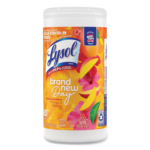 Image of LYSOL® Brand Disinfecting Wipes, 1-Ply, 7 x 7.25, Mango and Hibiscus, White, 80 Wipes/Canister, 6 Canisters/Carton