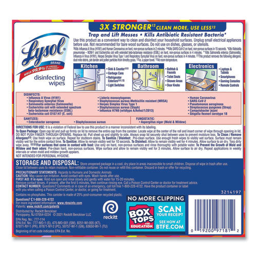 Image of LYSOL® Brand Disinfecting Wipes, 1-Ply, 7 x 7.25, Mango and Hibiscus, White, 80 Wipes/Canister, 6 Canisters/Carton