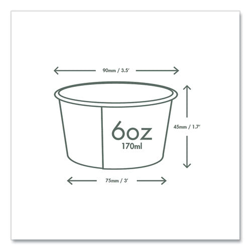 Image of Vegware Soup Containers, Compostable, 6 oz, 3.5" Diameter x 1.7" h, Green/White, Paper, 1,000/Carton