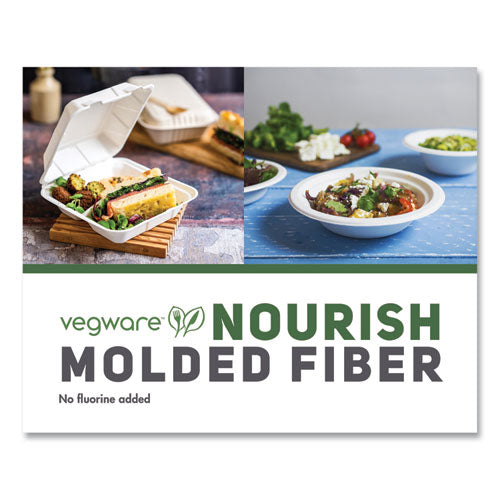 Image of Vegware Nourish Molded Fiber Takeout Containers, Compostable, 3 Compartments, 5 x 9 x 2, White, Sugarcane, 200/Carton
