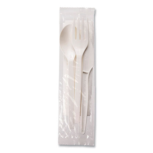 Image of WNA EcoSense Renewable PSM Wrapped Cutlery Kit, Fork/Knife/Napkin/Spoon, Plastic, White, 250/Carton