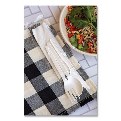 Image of WNA EcoSense Renewable PSM Wrapped Cutlery Kit, Fork/Knife/Napkin/Spoon, Plastic, White, 250/Carton