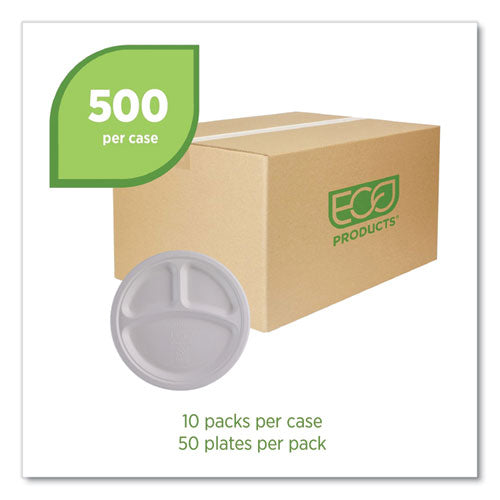 Image of Eco-Products® Vanguard Renewable and Compostable Sugarcane Plates, 3-Compartment Plate, 10" dia, White, 500/Carton