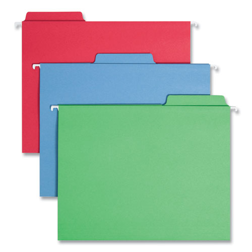 Image of Smead FasTab Hanging Folders, Letter Size, 1/3-Cut Tabs, Assorted Colors, 18/Box