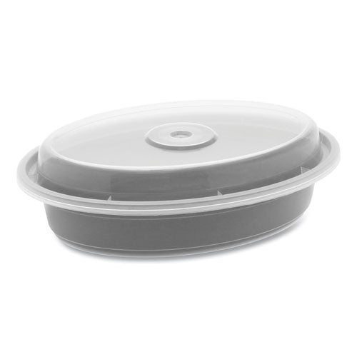Image of Pactiv Evergreen Newspring VERSAtainer Microwavable Containers, Oval, 12 oz, 6.8 x 4.8 x 1.45, Black/Clear, Plastic, 150/Carton