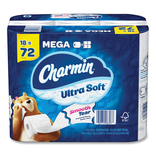 Image of Charmin® Ultra Soft Bathroom Tissue, Mega Roll, Septic Safe, 2-Ply, White, 224 Sheets/Roll, 18 Rolls/Carton