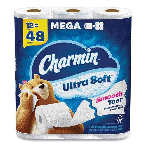 Image of Charmin® Ultra Soft Bathroom Tissue, Mega Roll, Septic Safe, 2-Ply, White, 224 Sheets/Roll, 12 Rolls/Pack