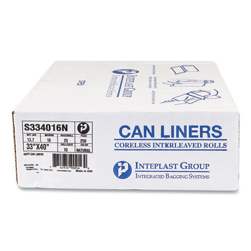 Image of Inteplast Group High-Density Commercial Can Liners, 33 gal, 16 mic, 33" x 40", Clear, Interleaved Roll, 25 Bags/Roll, 10 Rolls/Carton