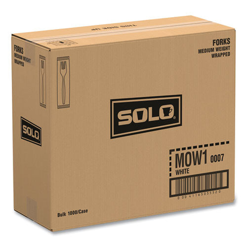 Image of SOLO® Regal Mediumweight Cutlery, Individually Wrapped, Fork, Plastic, White, 1,000/Carton