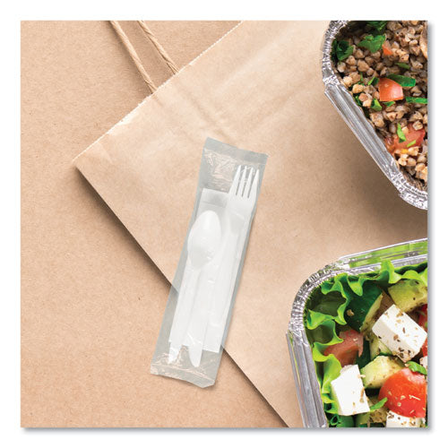 Image of SOLO® Regal Mediumweight Cutlery Kit, Individually Wrapped, Fork/Knife/Napkin/Spoon, Plastic, White, 250/Carton