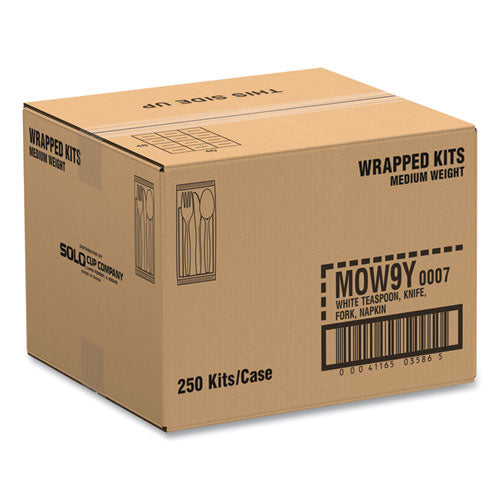 Image of SOLO® Regal Mediumweight Cutlery Kit, Individually Wrapped, Fork/Knife/Napkin/Spoon, Plastic, White, 250/Carton