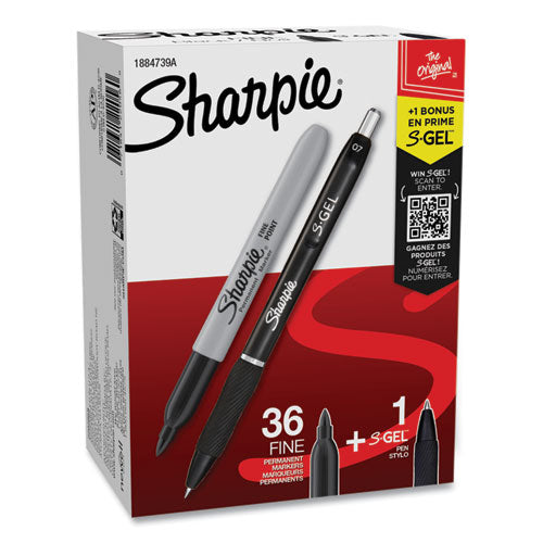 Image of Sharpie® Fine Tip Permanent Marker Value Pack with (1) Bonus S-Gel 0.7 mm Black Ink Pen, Fine Bullet Tip Markers, Black Ink, 36/Pack