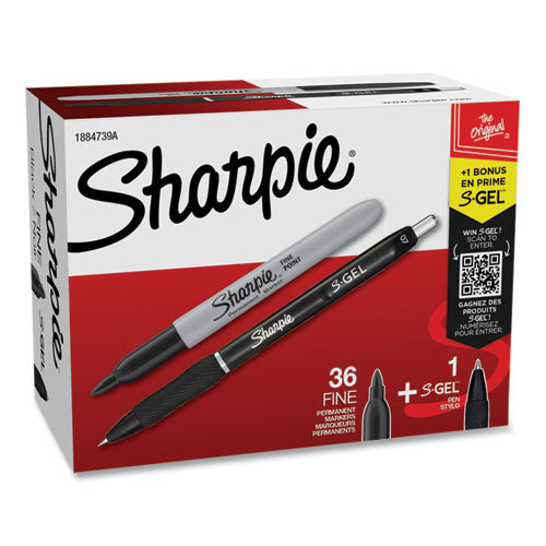 Image of Sharpie® Fine Tip Permanent Marker Value Pack with (1) Bonus S-Gel 0.7 mm Black Ink Pen, Fine Bullet Tip Markers, Black Ink, 36/Pack