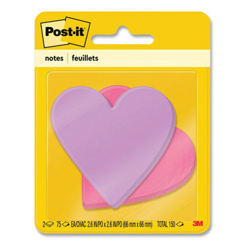 Image of Post-it® Notes Die-Cut Heart Shaped Notepads, 3" x 3", Pink/Purple, 75 Sheets/Pad, 2 Pads/Pack