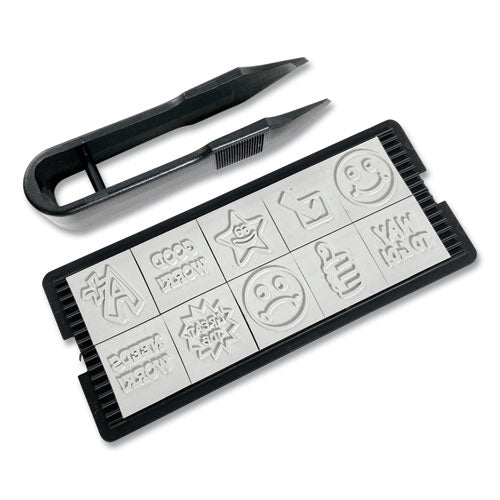 Image of Trodat® Printy 10-in-1 Self-Inking Teacher Stamp, Incudes 10 Dies, 0.63" Diameter, Blue/Red