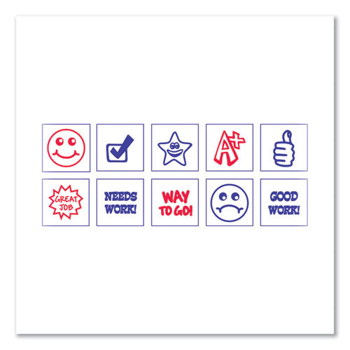 Image of Trodat® Printy 10-in-1 Self-Inking Teacher Stamp, Incudes 10 Dies, 0.63" Diameter, Blue/Red