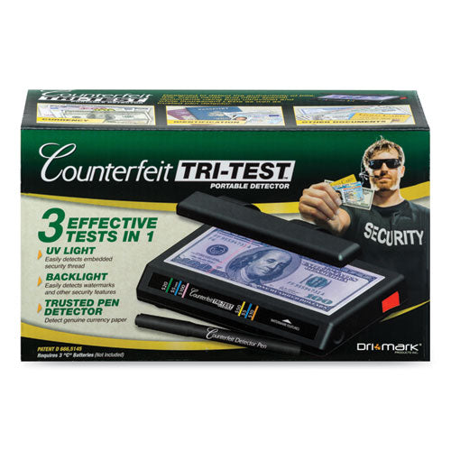 Image of Dri-Mark® Tri Test Counterfeit Bill Detector With Pen, U.s.; Canadian; Mexican; Eu; Uk; Chinese Currencies, 7 X 4 X 2.5, Black