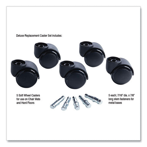 Image of Master Caster® Deluxe Futura Flush-Mount Soft-Wheel Casters, 0.44" x 0.88" Type B Stems, 2.19" Polyurethane Wheels, Matte Black, 5/Set
