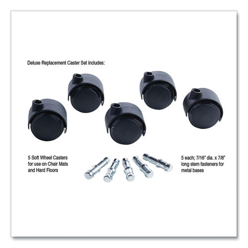 Image of Master Caster® Deluxe Duet Soft-Wheel Casters, 0.44" x 0.88" Grip Ring Type B Stems, 2" Polyurethane Wheels, Matte Black, 5/Set