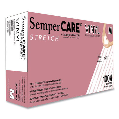 Image of SemperCare® Stretch Vinyl Examination Gloves, Cream, Medium, 100/Box, 10 Boxes/Carton