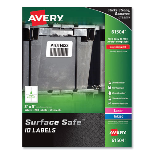 Image of Avery® Surface Safe ID Labels, 3 x 5, White, 4/Sheet, 50 Sheets/Box
