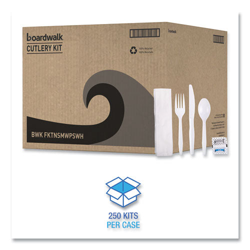 Image of Boardwalk® Six-Piece Cutlery Kit, Mediumweight, Fork/Knife/Napkin/Pepper/Salt/Spoon, Plastic, White, 250/Carton