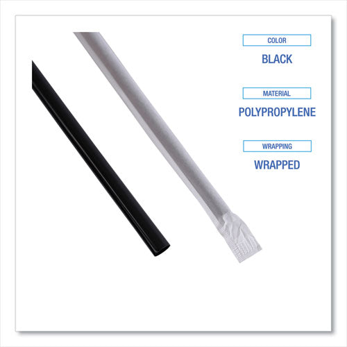 Image of Boardwalk® Wrapped Jumbo Straws, 7.75", Polypropylene, Black, 250/pack, 50 Packs/carton