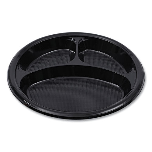 Image of Boardwalk® Hi-Impact Plastic Dinnerware, 3-Compartment Plate, 10" dia, Black, 125/Sleeve, 4 Sleeves/Carton