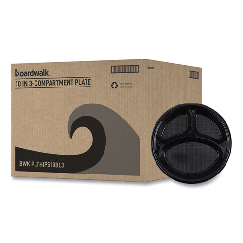 Image of Boardwalk® Hi-Impact Plastic Dinnerware, 3-Compartment Plate, 10" dia, Black, 125/Sleeve, 4 Sleeves/Carton